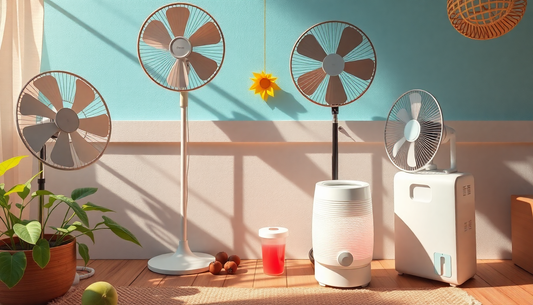 Various fans and a USB powered air cooler showcasing the USB powered air cooler benefits in a bright space