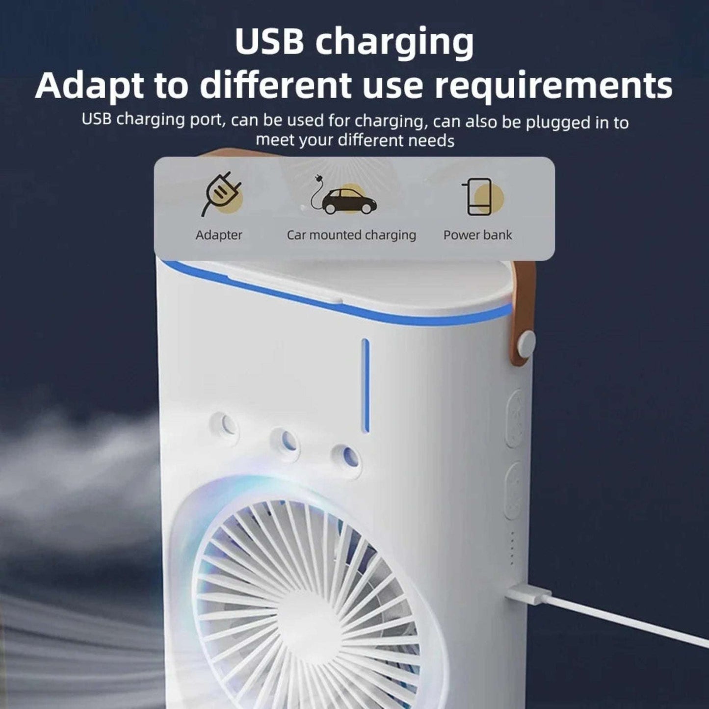 Roxbey USB powered air cooler with USB charging port for versatile use in different environments
