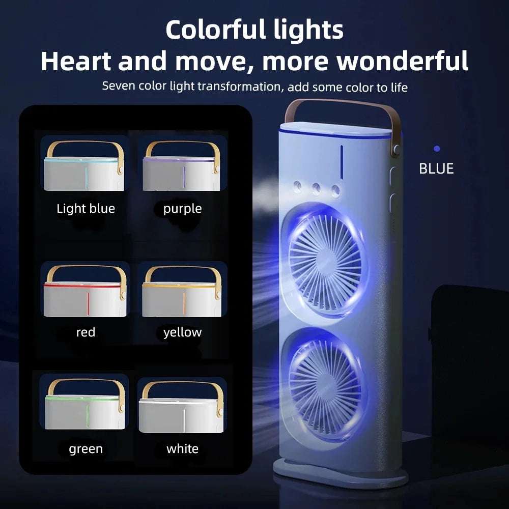 Roxbey USB powered air cooler with colorful lights and dual fans for enhanced cooling experience
